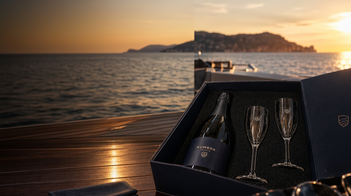 Pack personalizado de cava con estuche y copas grabadas para Kumbra Yachts